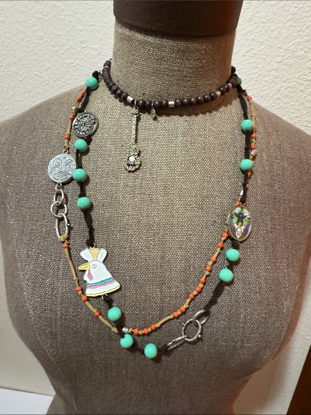Vintage Lucky Brand Boho Multi-Strand Turquoise & Orange Charm Necklace
